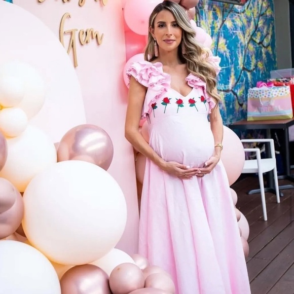 FANM MON XS Aster Pink Demre Linen Embroidered Maxi Dress Ruffle Sleeve NWT $357 - Picture 3 of 12